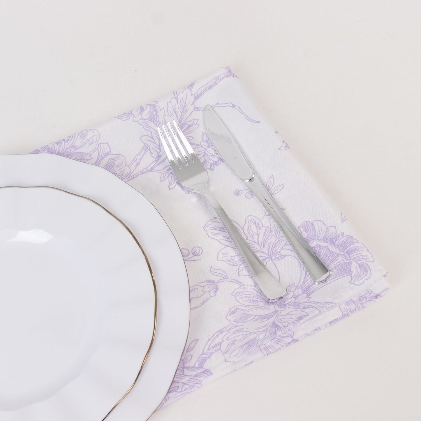 5 Pack Polyester 20"x20" Dinner Napkins White with Lavender Lilac French Toile Pattern - Reusable Floral Cloth Napkins