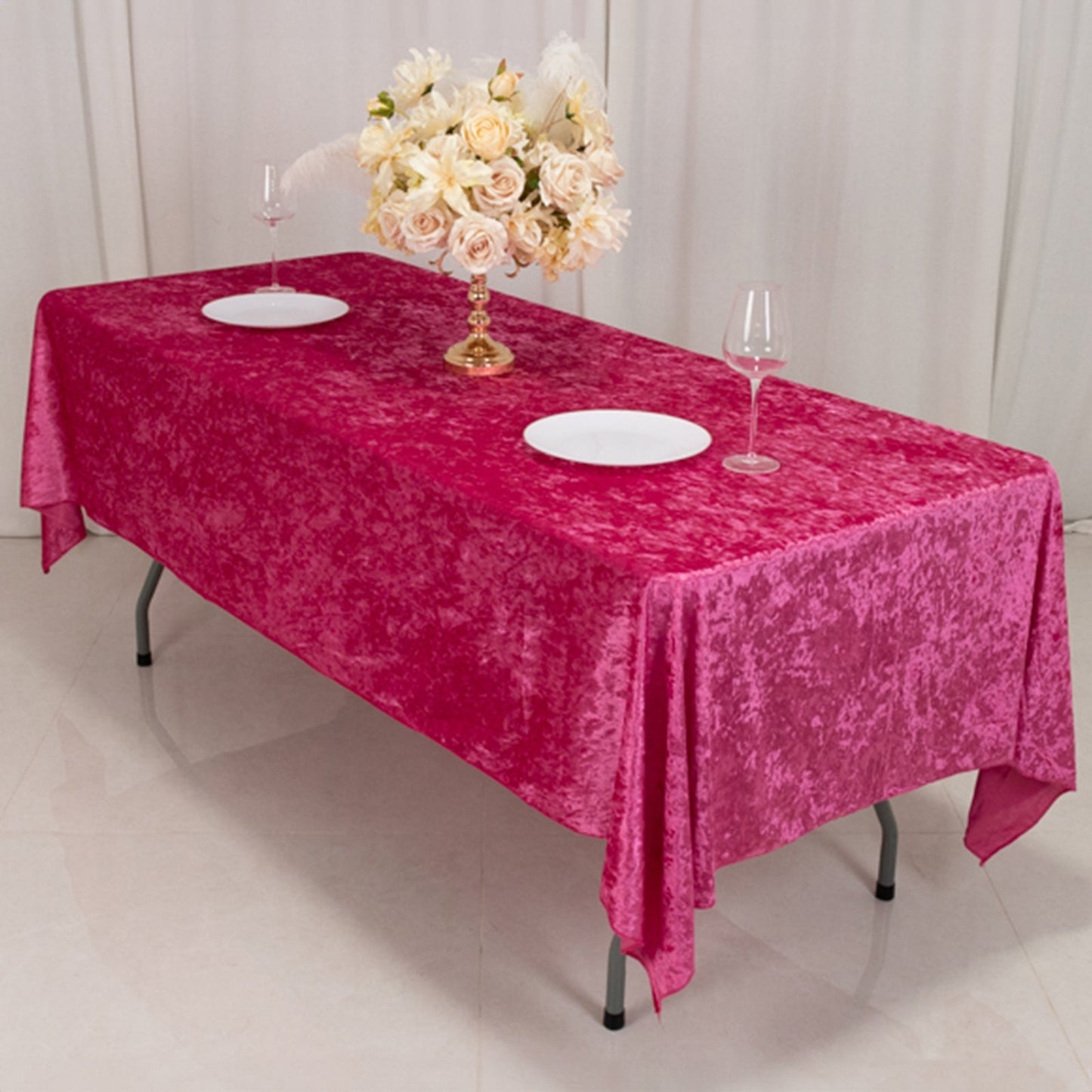 Premium Crushed Velvet 60"x102" Rectangle Tablecloth Fuchsia - Reusable Soft Table Cover