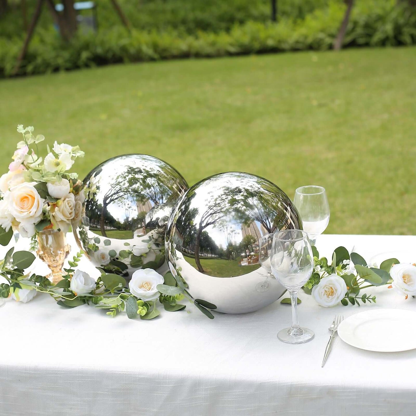 2-Pack Gazing Globe Mirror Ball Reflective Hollow Stainless Steel Silver Spheres - Decorative Outdoor Garden Display 12"