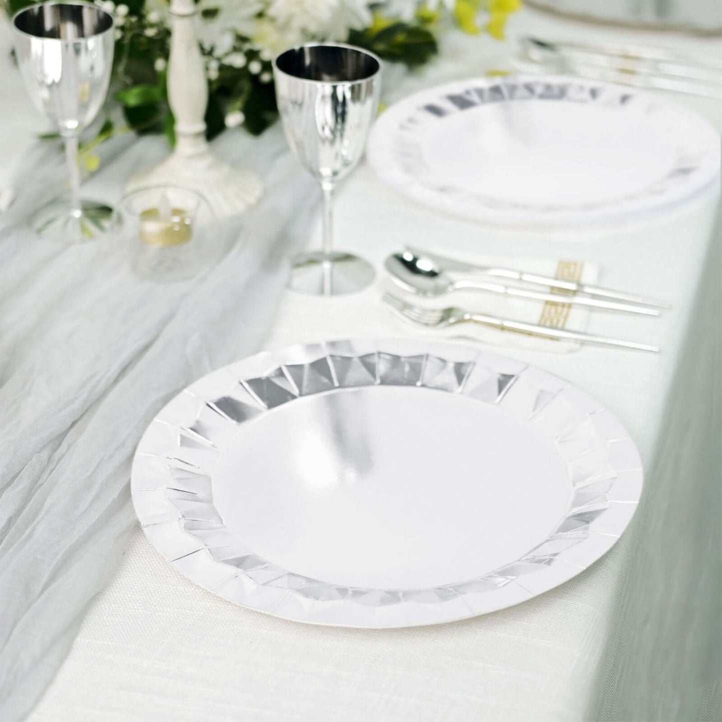 25-Pack Paper 12" Round Charger Plates in Metallic Silver with Geometric Prism Design - Disposable 400GSM Serving Trays