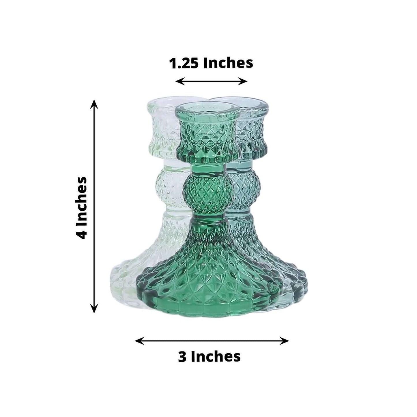 6-Pack Glass Taper Candlestick Holders Diamond Pattern Design Assorted Green - Reversible Crystal Pillar Votive Stands 4"