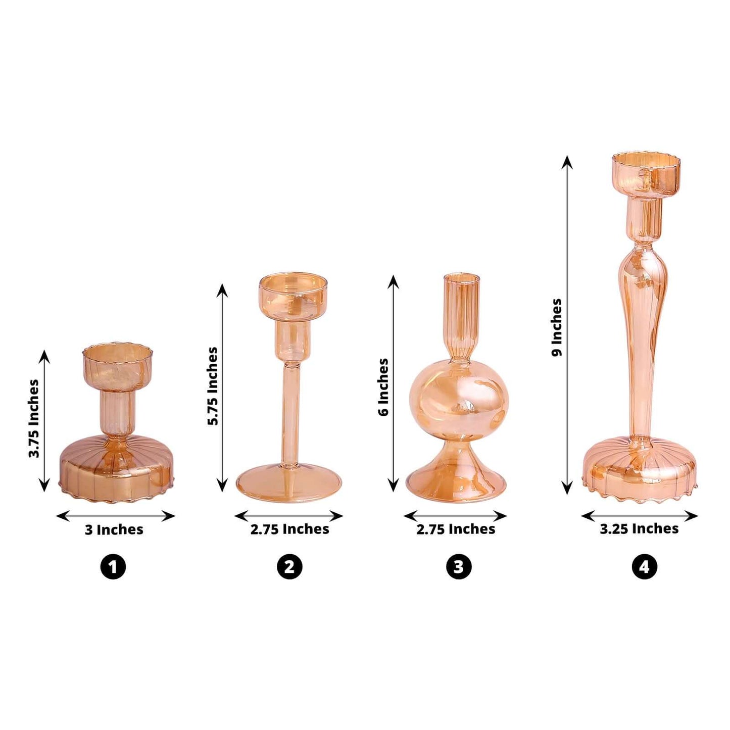 Set of 4 Glass Taper Votive Candle Holders Lined Crystal Design Assorted Amber Gold - Tea Light Stand Set 4", 5.5", 6", 9"