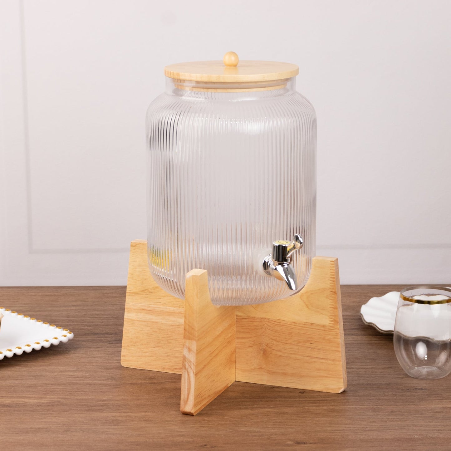 1 Gallon Clear Ribbed Glass Beverage Dispenser, Round Juice Jar with Wooden Stand and Lid - Lead-Free Countertop Feature 14"