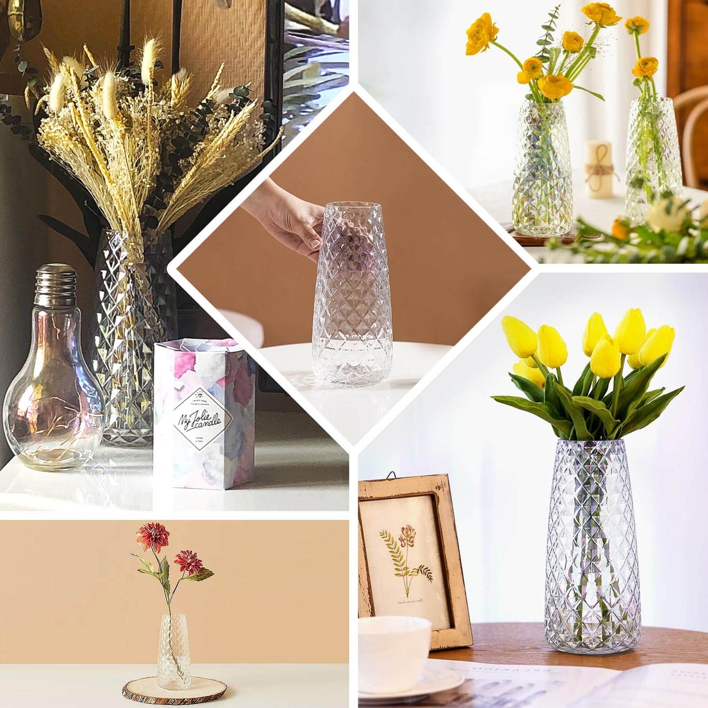 6-Pack Glass Urn Vases Clear with Diamond Crystal Cut Pattern - Stylish Decorative Design for Event Decor 8.5"