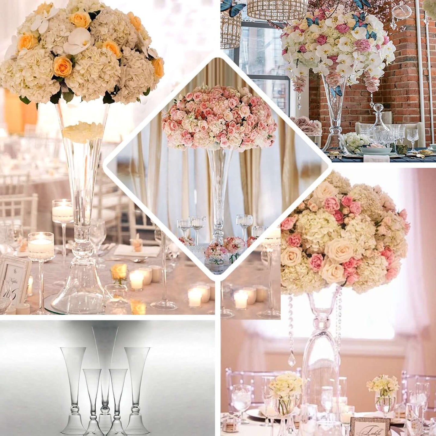 Set of 2 Glass Trumpet Vases Reversible Clarinet Style Clear - Decorative Flower Centerpieces for Events 28"