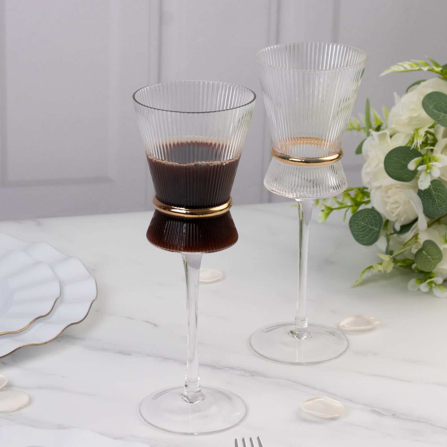 6-Pack Clear Wine Glasses â€“ 9oz Real Glass, Ribbed Design with Gold Ring Accent, Elegant Glassware for Celebrations â€“ 9" Tall