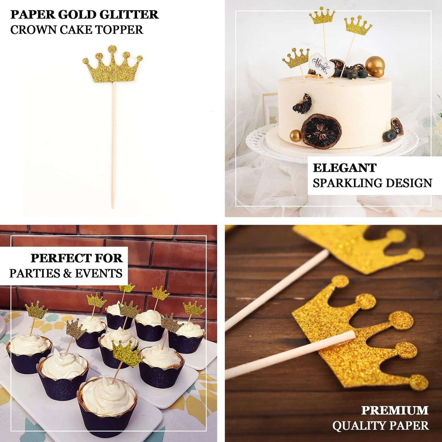 24-Pack Cupcake Topper Picks Royal Crown Design Glitter Gold - Party Cake Toppers 5"