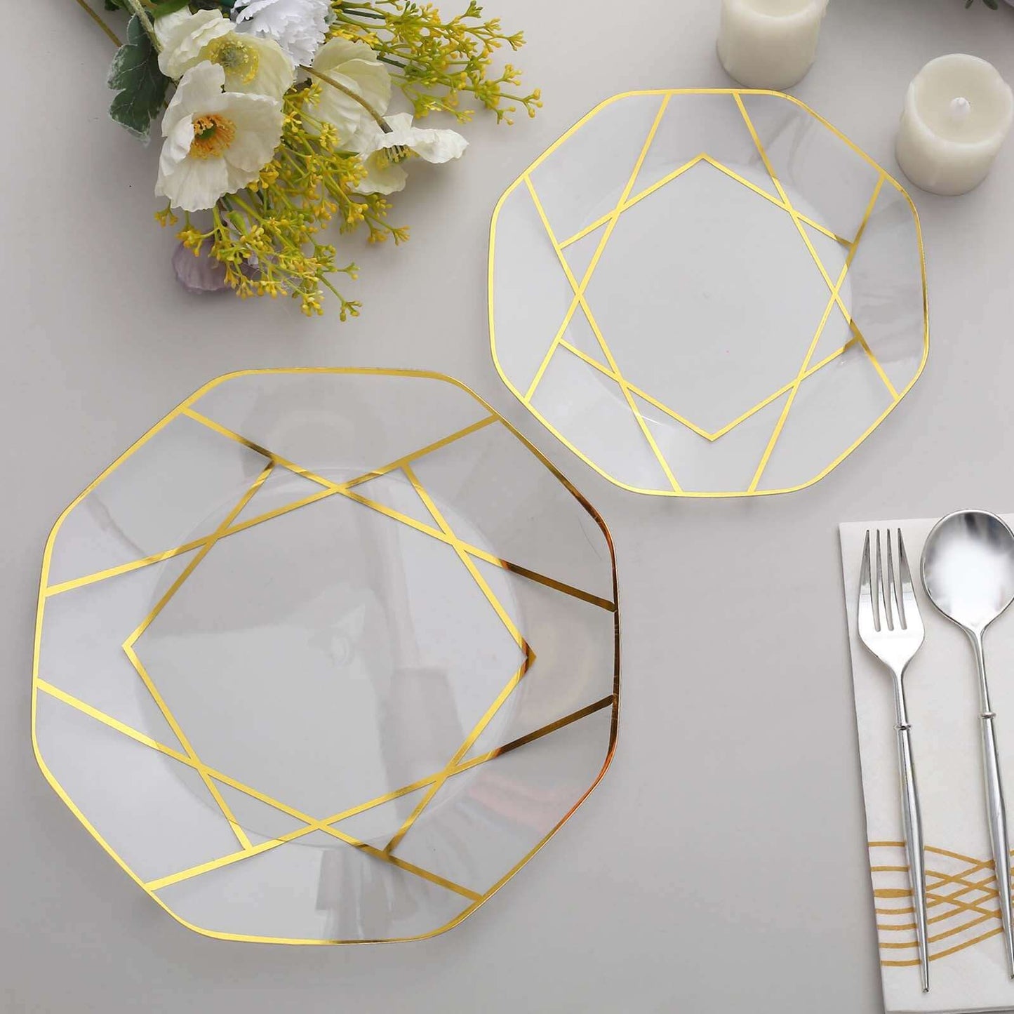 10-Pack Plastic 10" Octagon Dinner Plates in Clear - Modern Disposable Party Plates with Gold Geometric Design for Special Occasions & Celebrations