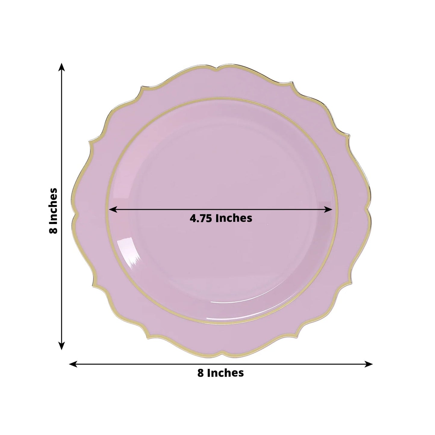 10-Pack Plastic 8" Round Dessert Plates in Lavender Lilac with Gold Scalloped Rim - Disposable Appetizer/Salad Plates