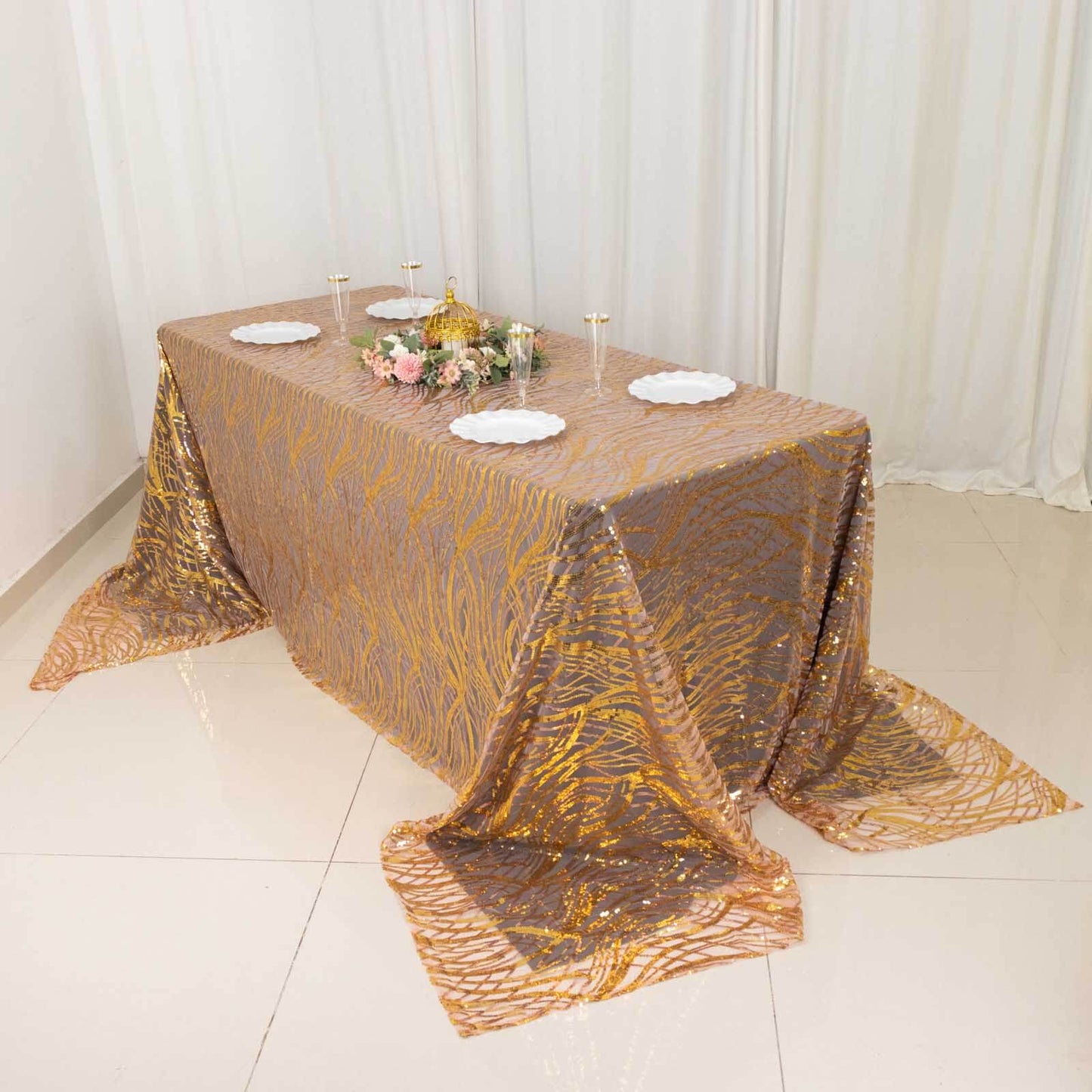 Mesh 90"x156" Rectangle Tablecloth Rose Gold/Gold - Wave Sequin Embroidered Table Cover