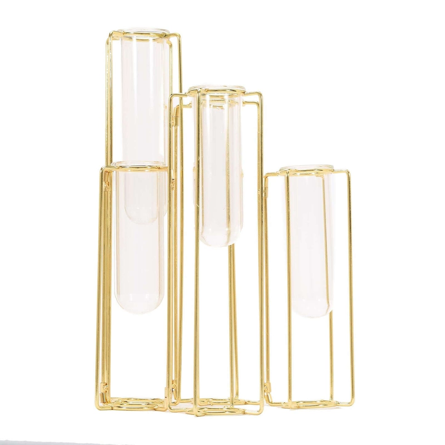 Set of 5 Wedding Centerpieces Gold Frame Conjoined Geometric Design - Test Tube Hydroponic Vases 12"
