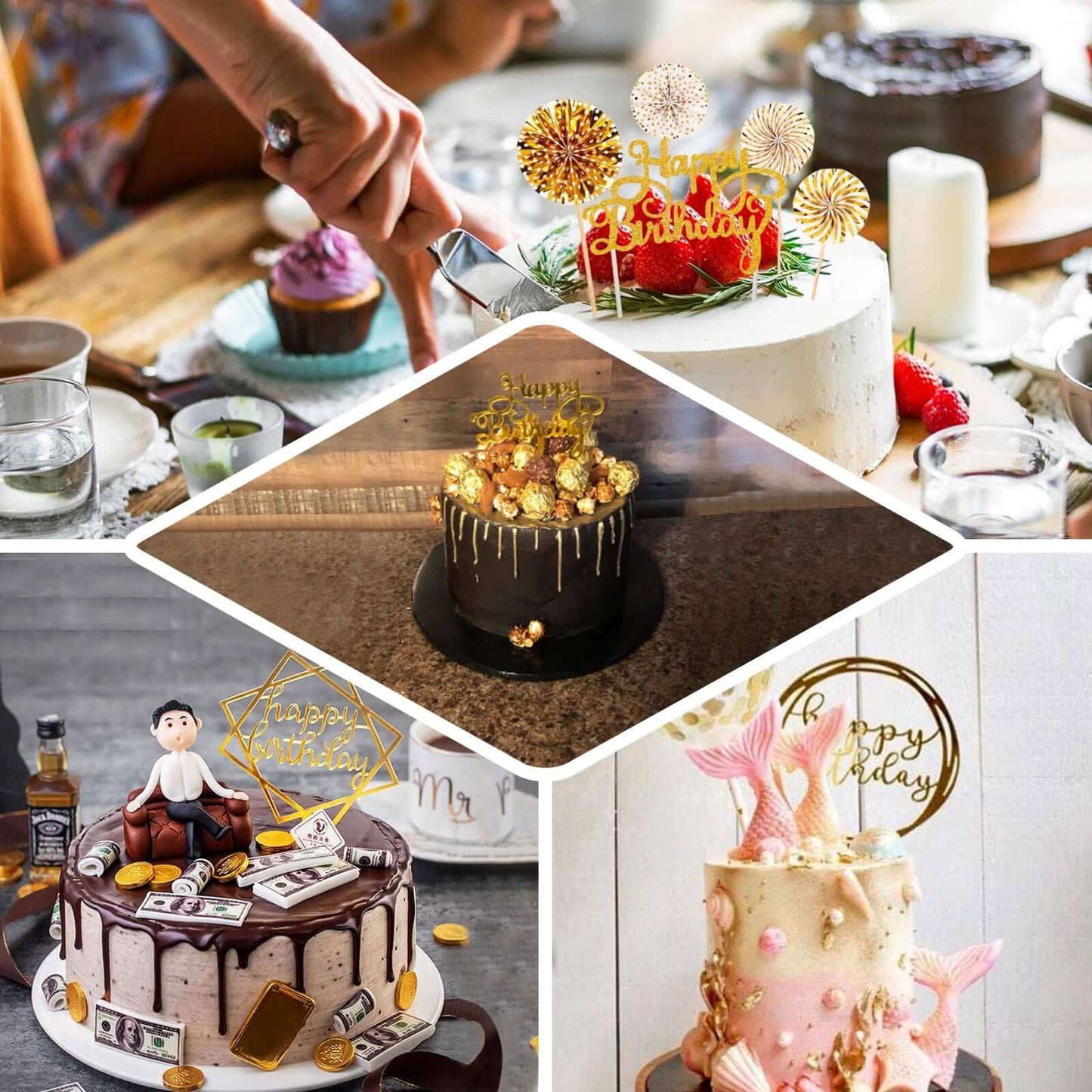 6-Pack Acrylic Happy Birthday Cake Toppers Gold Assorted Styles - Fun Reusable Cake Inserts for DIY Party Decoration Supplies