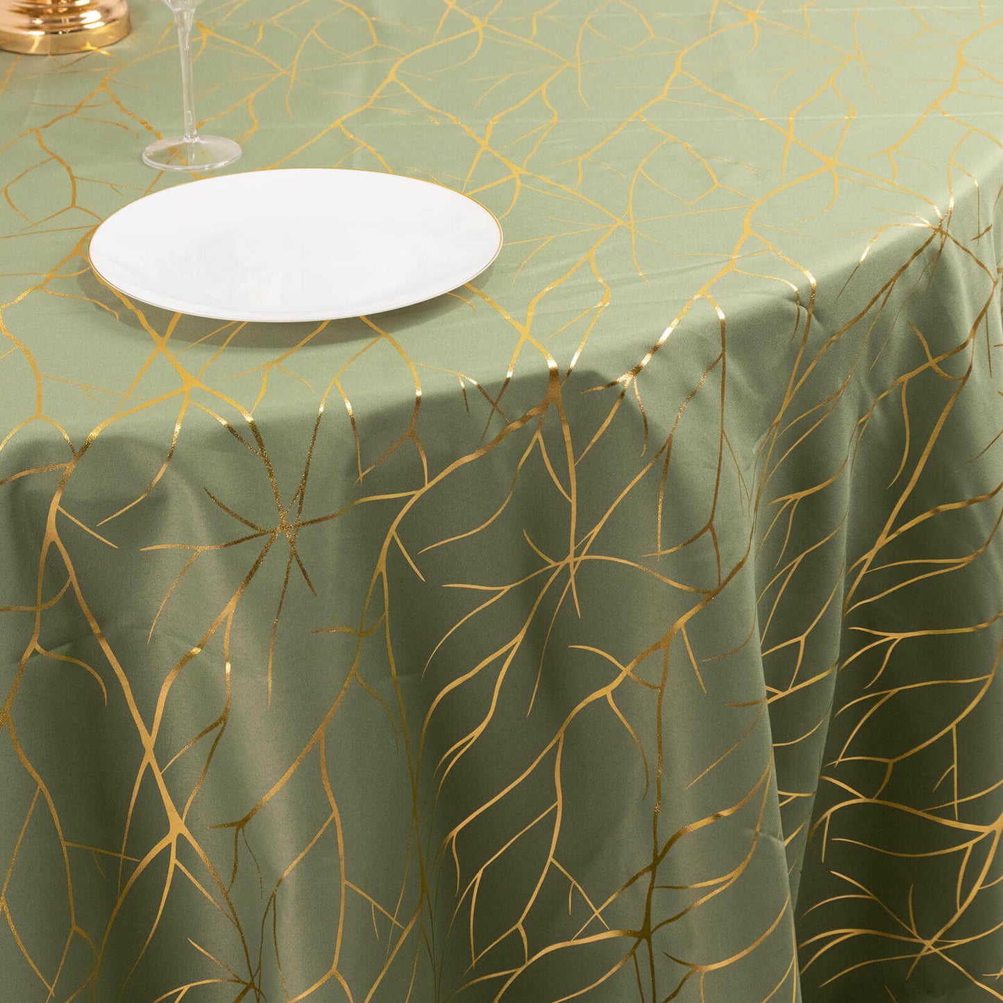 Polyester 120" Round Tablecloth Dusty Sage Green with Gold Foil Tree Branch Pattern - Wrinkle-Resistant Seamless Table Cover for Classy Events