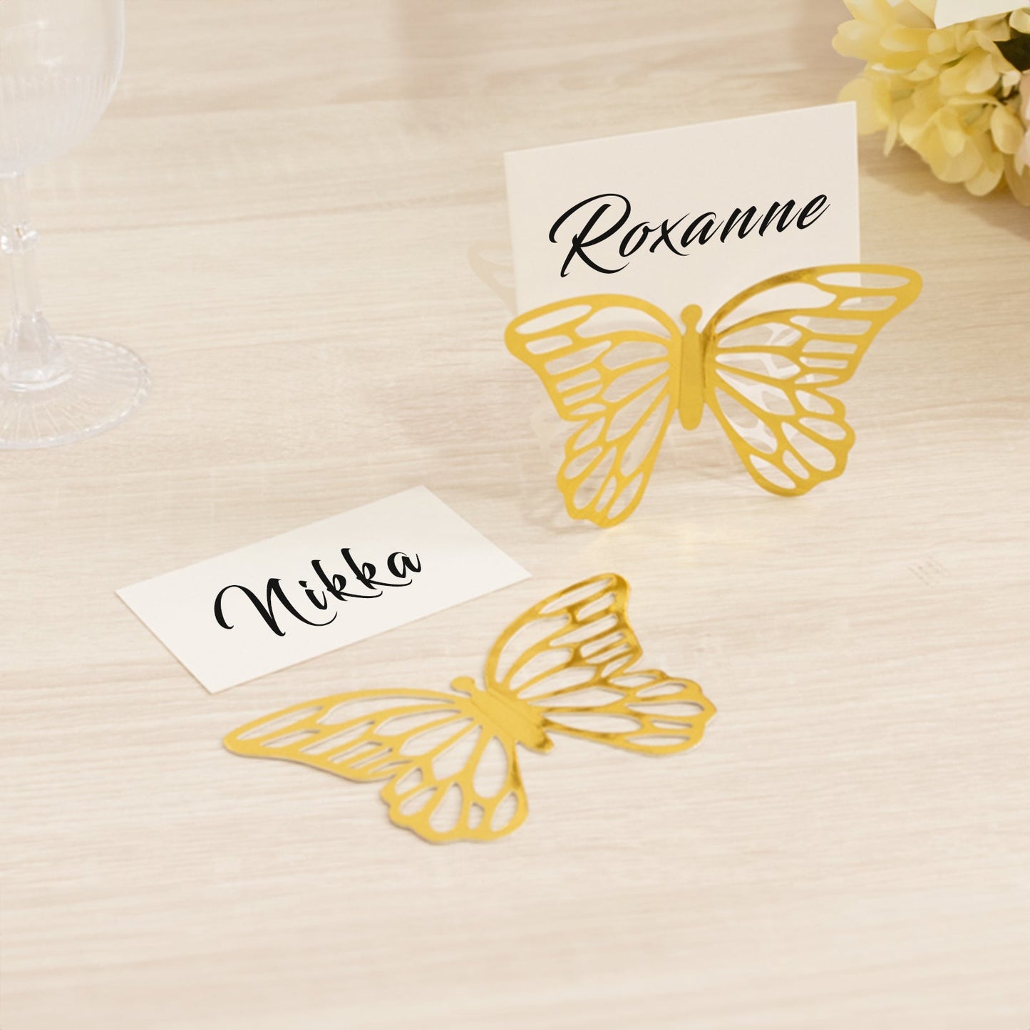 25-Pack Paper Butterfly Place Card Holders Gold with White Printable Cards - 3D Free Standing Table Number Stands 3"x5"
