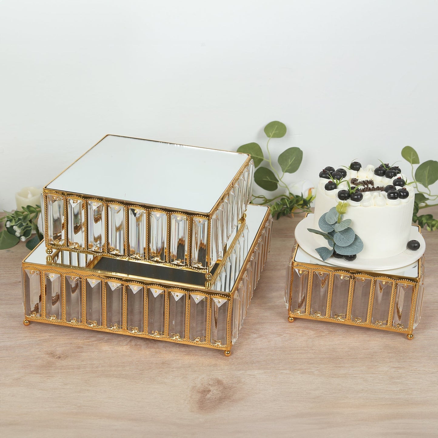Set of 3 Gold Metal Crystal Pendant Cake Stands with Mirror Top, Stackable Square Dessert Display Trays - 7",10",12"