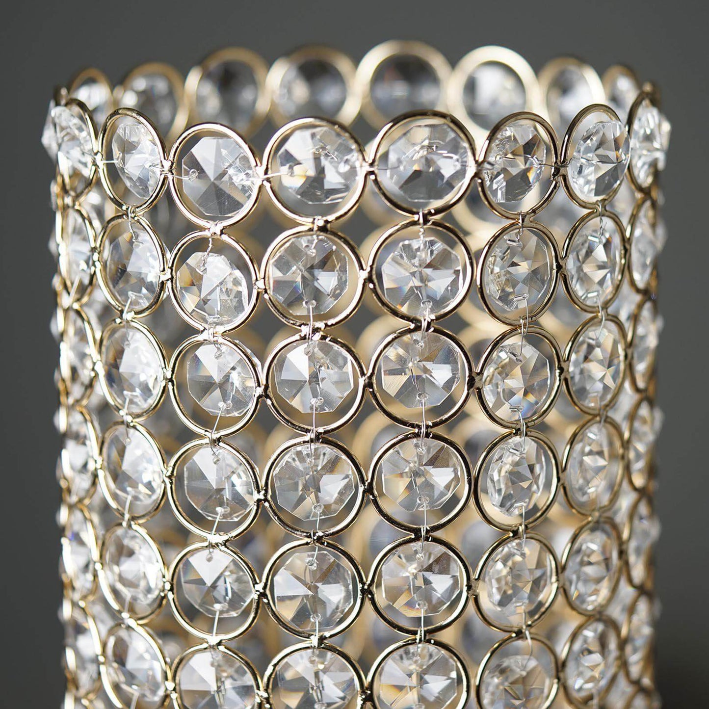 Full Crystal Beaded Candle Holder Shiny Gold Metal - Stylish Pillar Stand for Weddings 16"