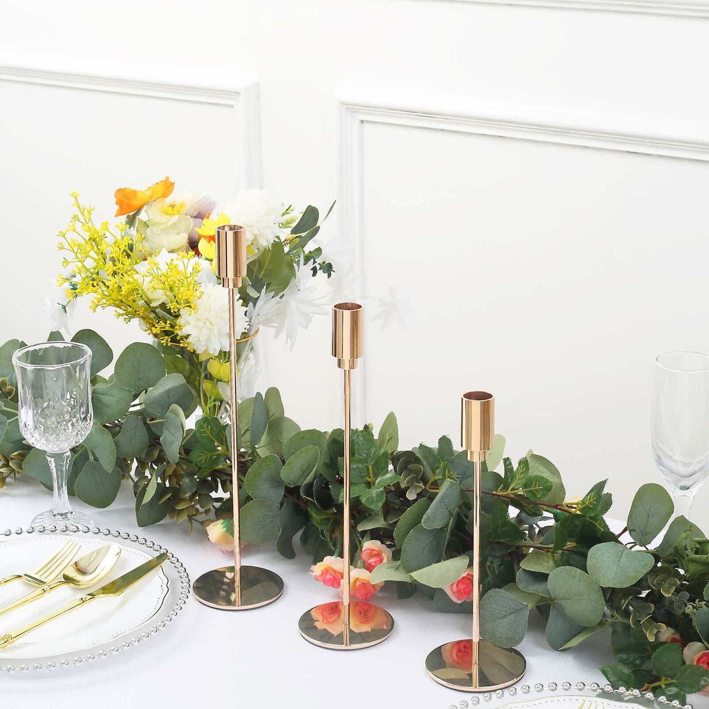 Set of 3 Taper Candle Stands Gold Metal Decorative Round Base Design - Wedding Table Accents 9", 10", 13"