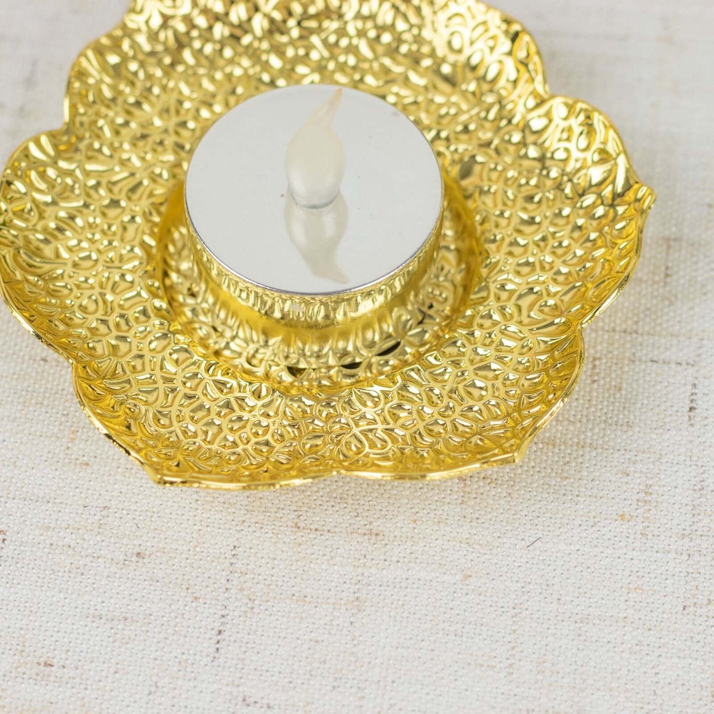 3-Pack Metal Votive Candle Holders Plum Blossom Design Shiny Gold - Vintage Mini Tea Cup Saucers 4"