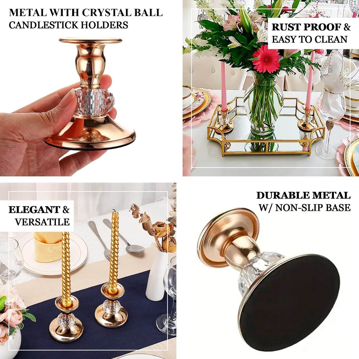 6 Pack 3.5" Gold Metal Taper Candle Holders with Crystal Ball Center, Vintage Candlestick Stands