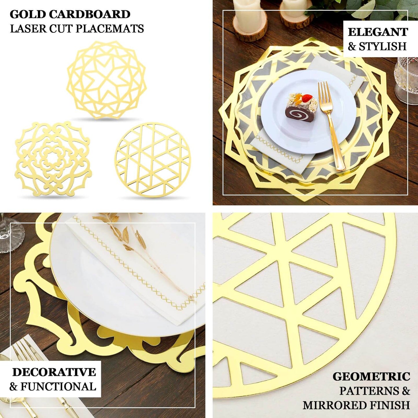 6-Pack Disposable Table Placemats in Metallic Gold Laser Cut Geometric Triangle Design - 700GSM Cardboard Placemats for Glamorous Table Settings 13"