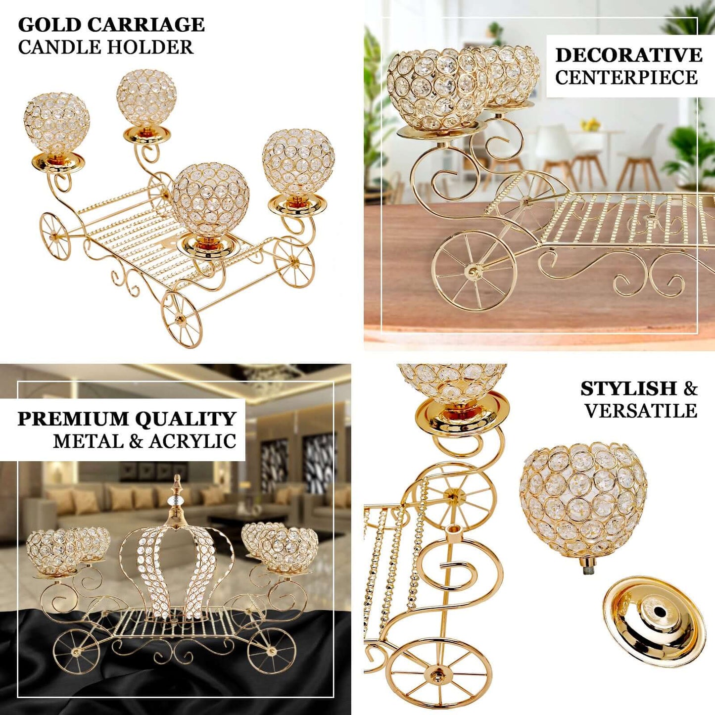 Candle Holder 4-Arm Gold Metal Crystal Cinderella Carriage Wedding Centerpiece - Decorative Display 18"