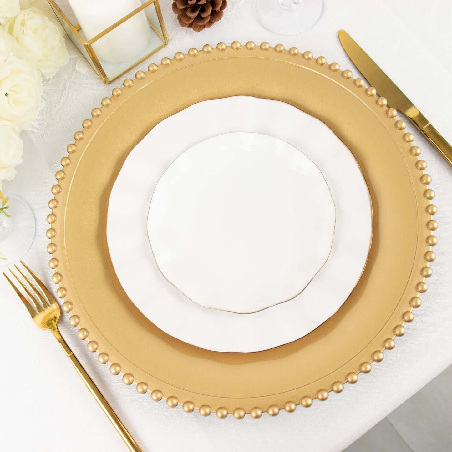 6-Pack Acrylic Round Charger Plates 13" in Gold with Beaded Rim, Decorative Dinner Party Charger Tableware