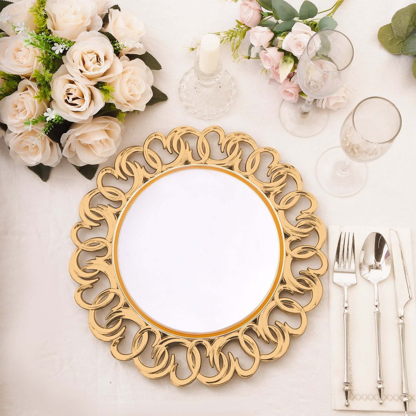 6-Pack Plastic Round Charger Plates 13" in Gold with Entwined Swirl Rim, Plastic Disposable Decorative Chargers