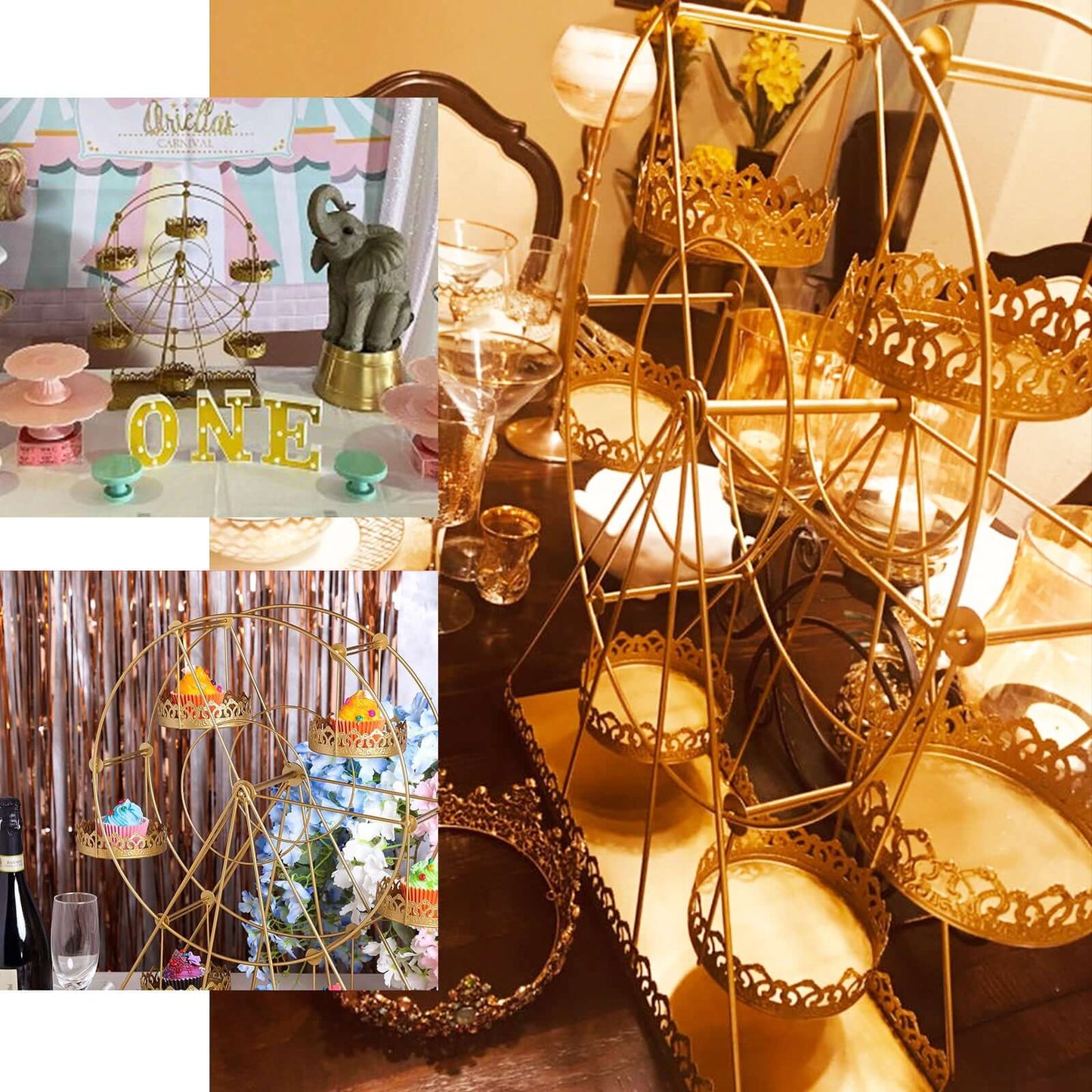 Metal Ferris Wheel Cupcake Holder Gold - Large Decorative Rotating Dessert Display Stand for Carnival-Themed Events Baby Showers & Weddings 23"