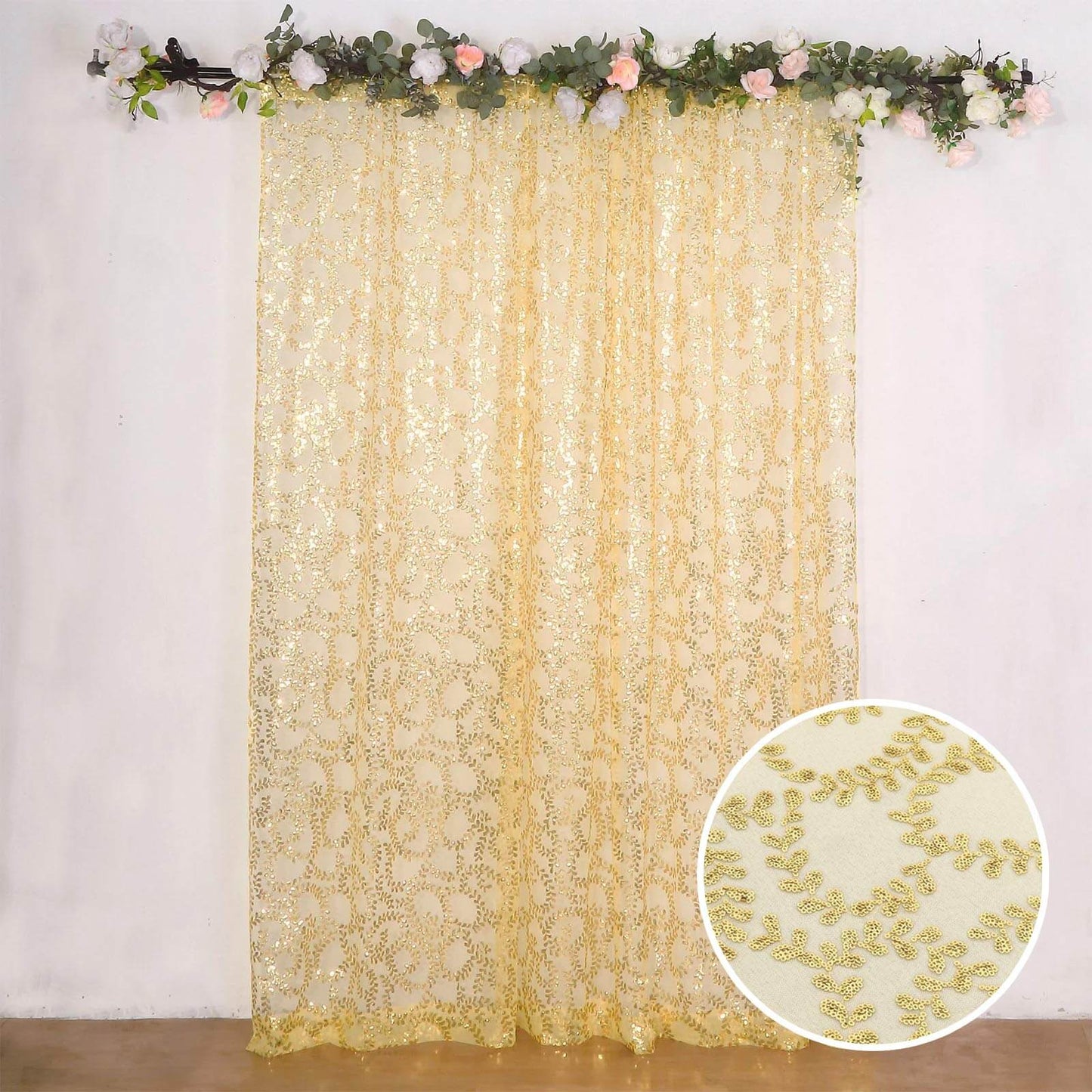 8ftx8ft Gold Embroider Sequin Event Curtain Drapes, Sparkly Sheer Backdrop Event Panel With Embroidery Leaf