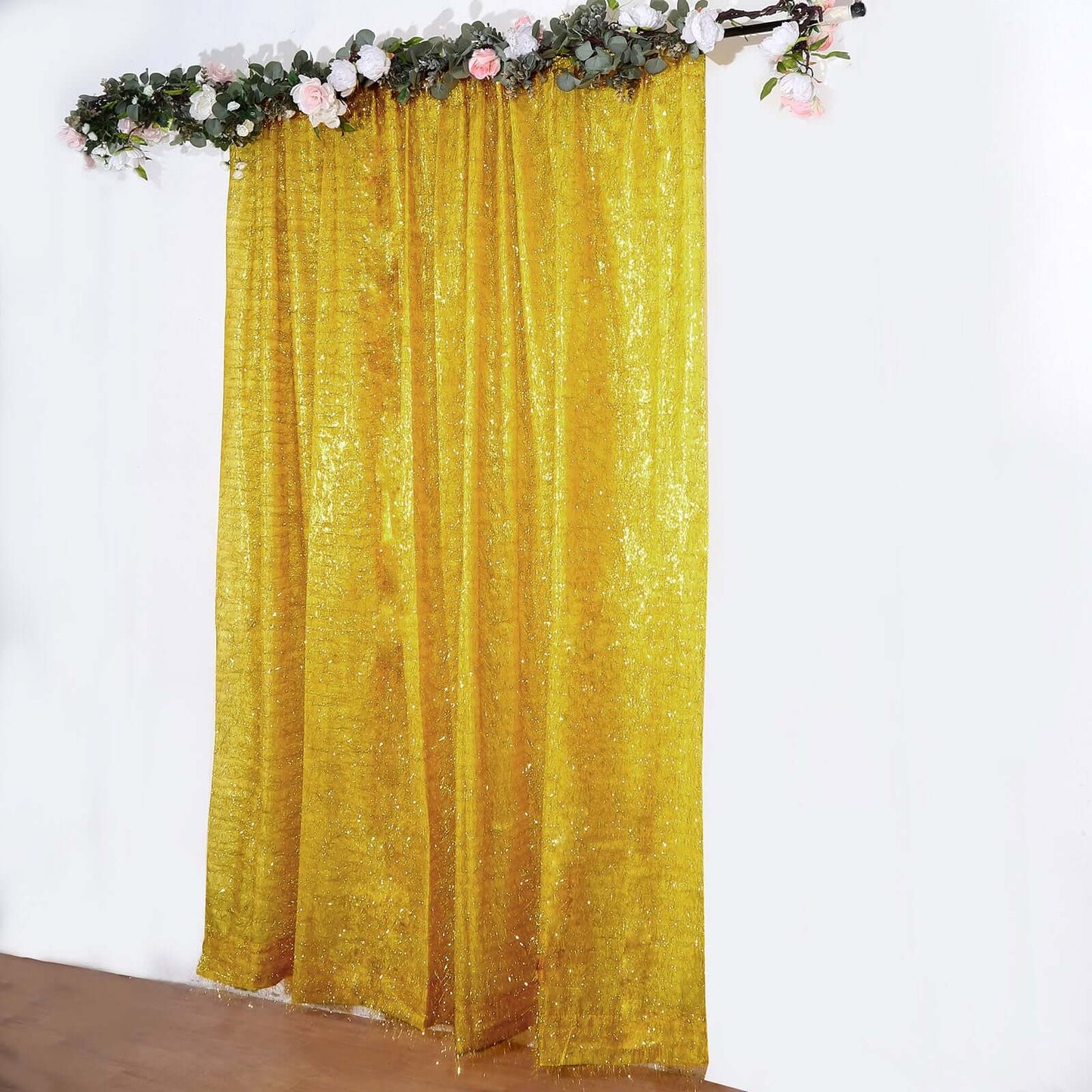 8ft Gold Metallic Fringe Shag Event Drapery Panel, Shimmery Tinsel Polyester Divider Backdrop Curtain