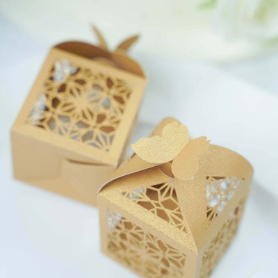 25 Pack Gold Butterfly Top Laser Cut Lace Favor Candy Gift Boxes