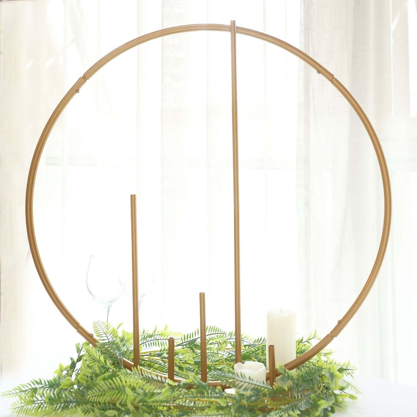 Round Floral Hoop Wedding Centerpiece Metal with Pillars Gold - Self-Standing Balloon Arch for Events 24"
