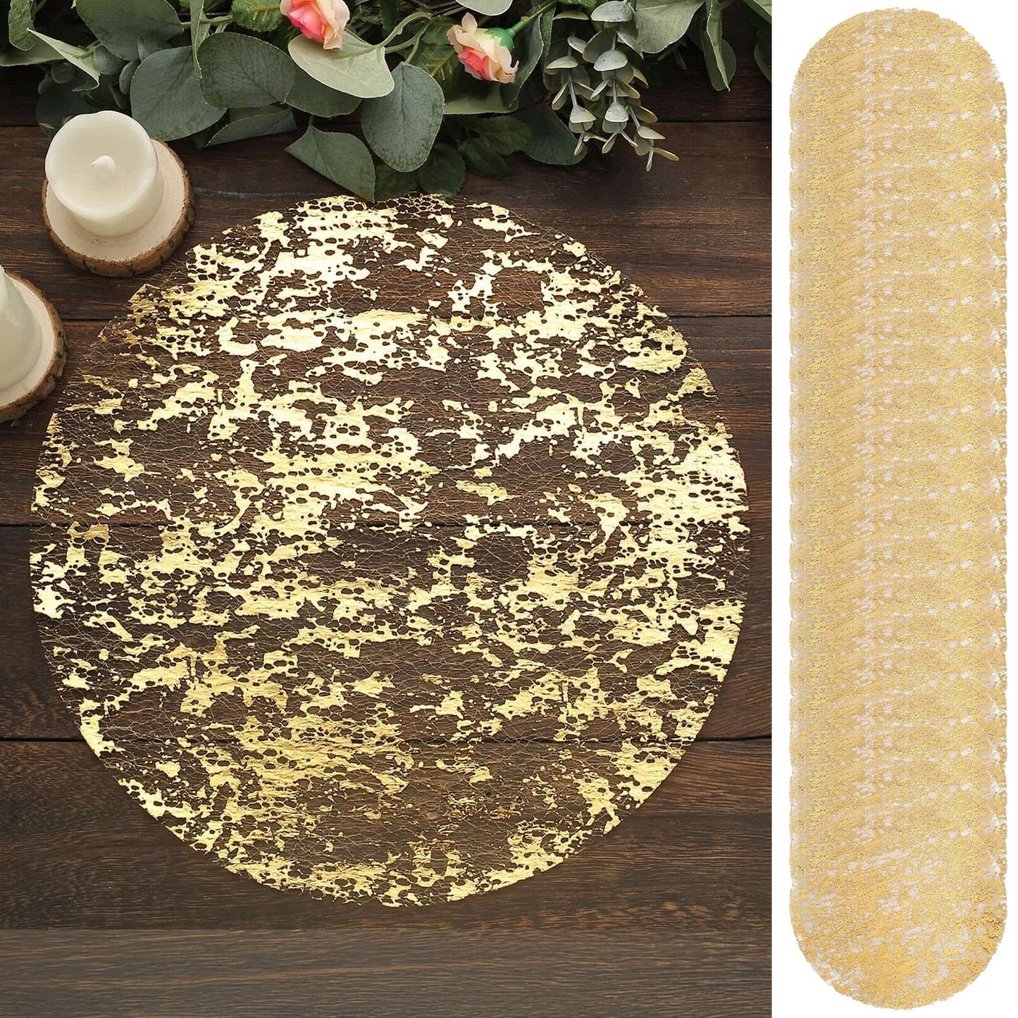 50-Pack Table Placemats Foil Design Metallic Gold Round - Mesh Disposable Shiny Dining Mats 13"
