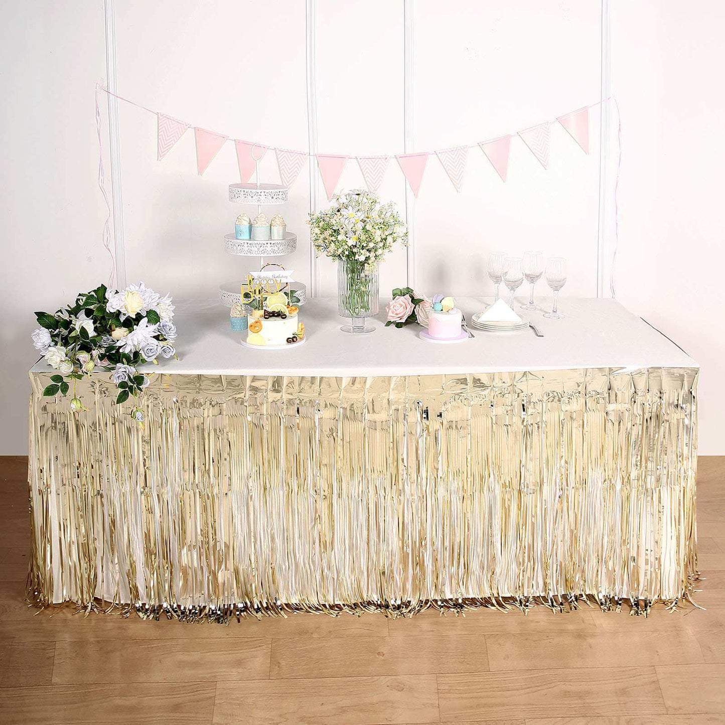 Metallic Foil Fringe Table Skirt Champagne with Self Adhesive Backing - Durable Tinsel Skirt for Parties 30"x9ft