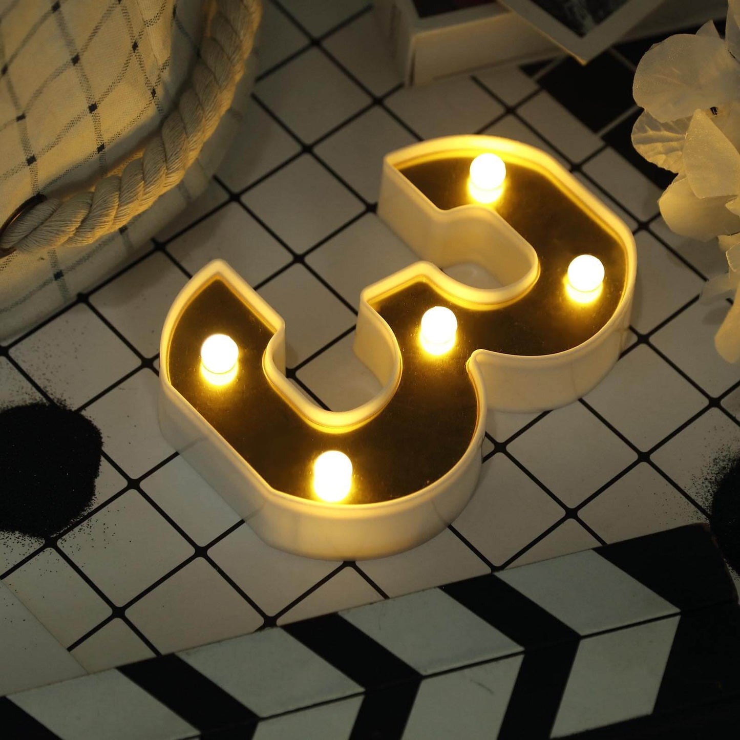 3D Marquee Number "3" Warm White 5 LED Lights Gold - Stylish Light-Up Accent for Events 6"