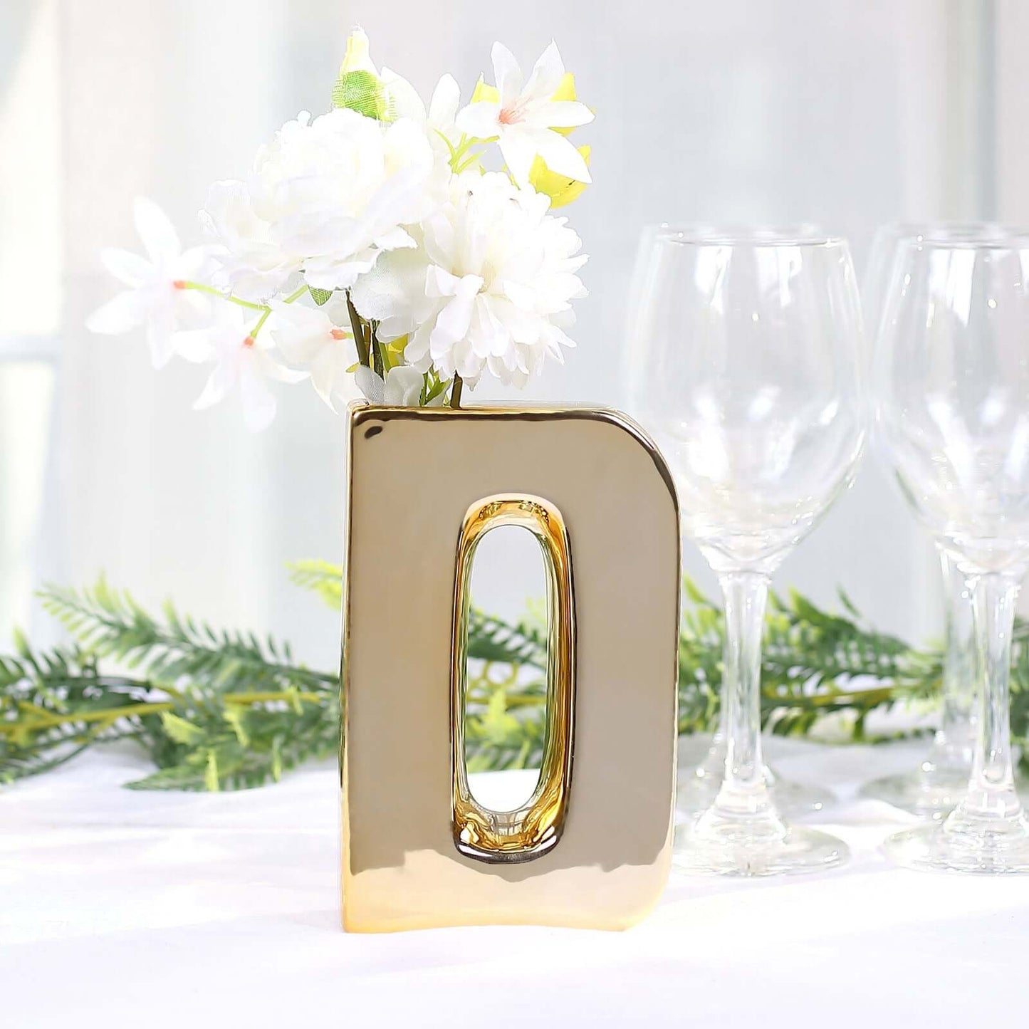 Shiny Ceramic Vase Letter "D" Gold Plated - Chic Bud Planter Pot for Events & Decor 6"