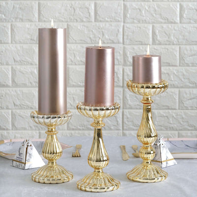 Set of 3 Candle Holder Stands Gold Mercury Glass Pillar Design - Stylish Votive Centerpieces for Tables & Decor 7", 8", 10"