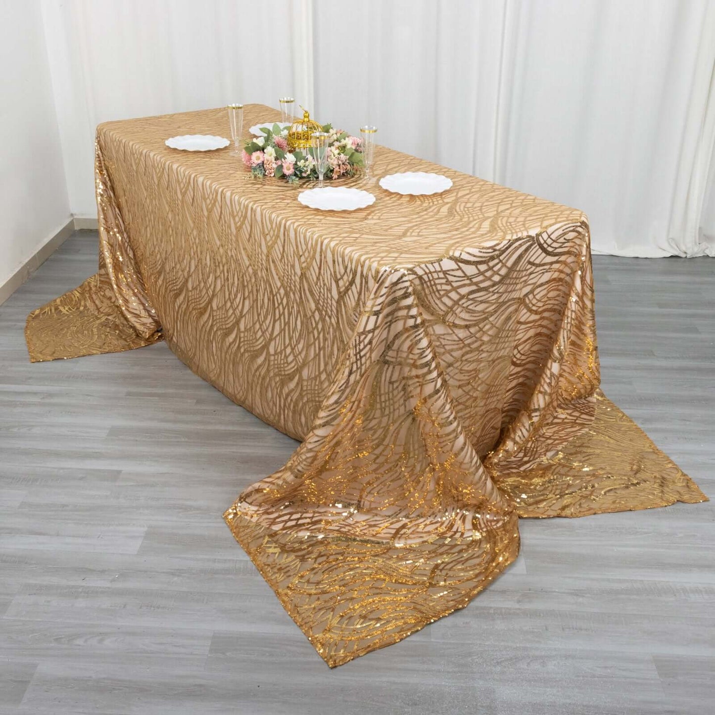 Mesh 90"x156" Rectangle Tablecloth Gold - Wave Sequin Embroidered Design for Refined Occasions