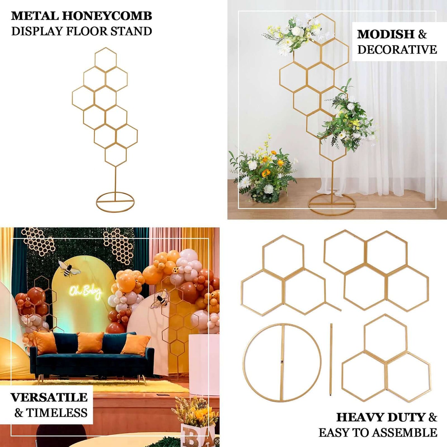 6ft Gold Metal Honeycomb Wedding Flower Frame Backdrop Stand, Floor Standing Balloon Display Arch