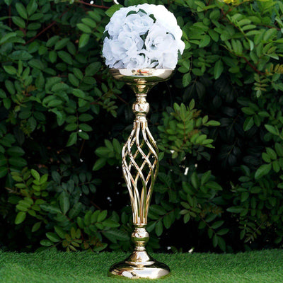 2-Pack Metal Pillar Candle Holders Reversible Flower Ball Pedestal Design Gold - Decorative Event Centerpieces 26"