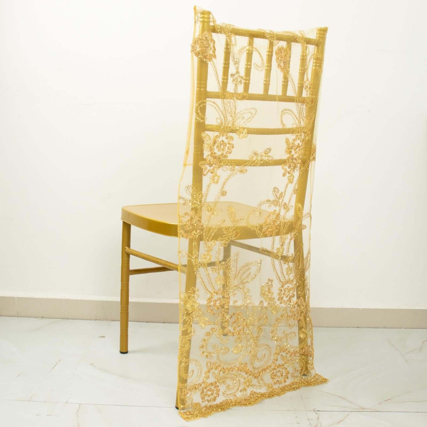Organza Chiavari Chair Slipcover with Floral Sequin Embroidery Gold - Lace Chair Back Cover