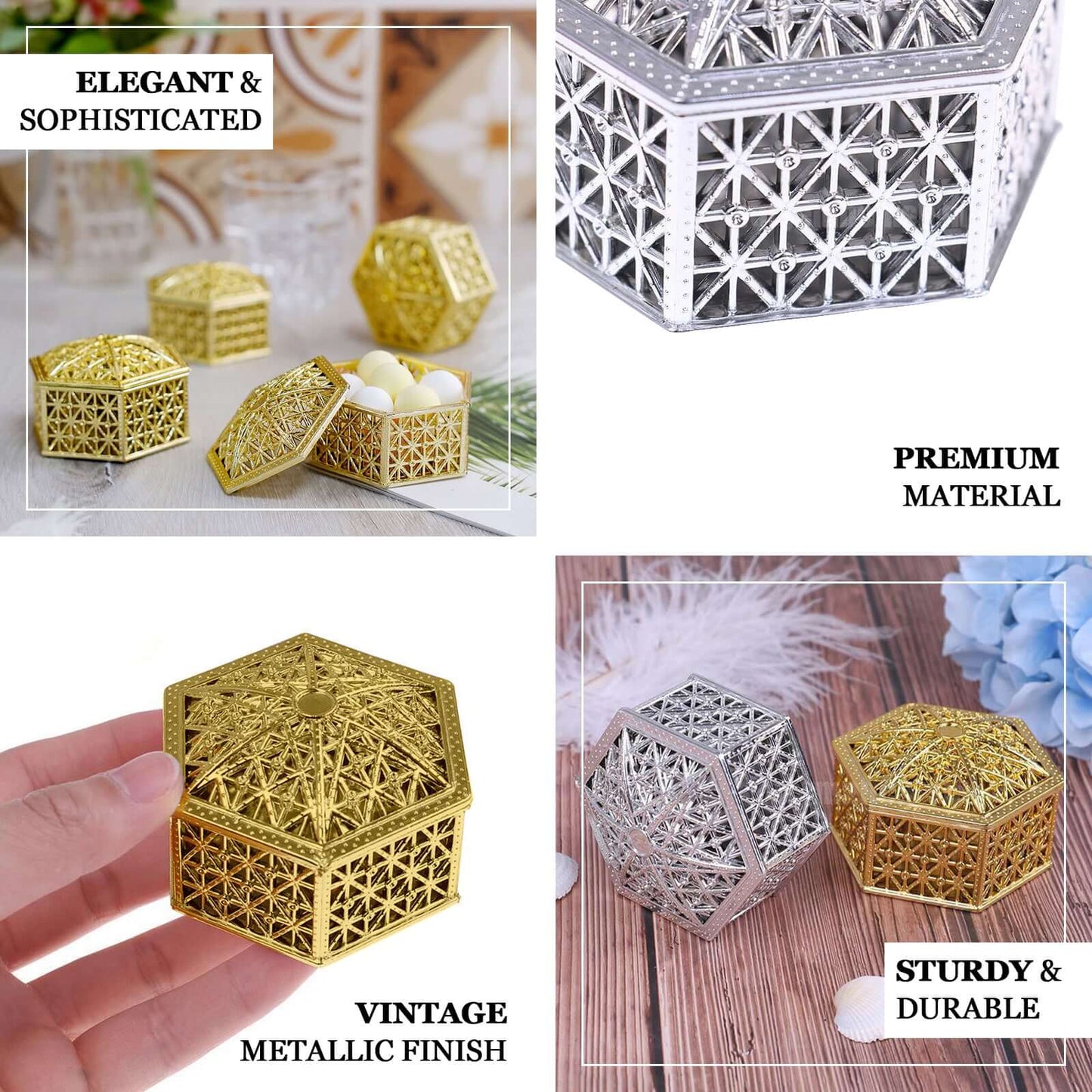 12-Pack Vintage Hexagon Gift Box Candy Containers Gold - Stylish Hollow Favor Boxes for Jewelry 3"