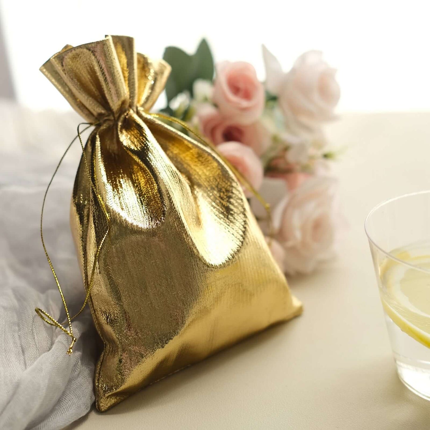 10 Pack Metallic Gold Lame Polyester 5"x7" Party Favor Gift Bags, Shiny Fabric Drawstring Candy Pouch