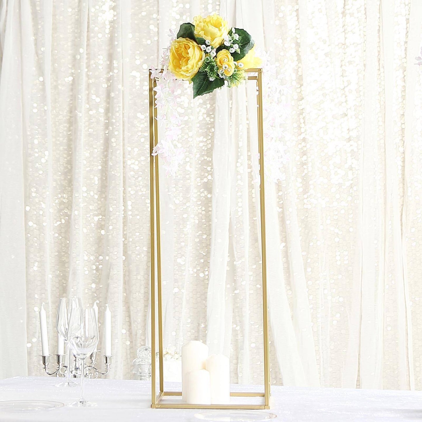 2-Pack Wedding Flower Stand Gold Metal Geometric Column Frame Rectangular - Versatile Floral Pedestal for Sophisticated Arrangements 32"