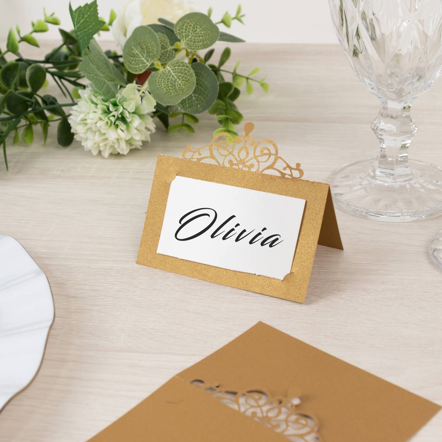 50-Pack Gold Place Cards with Laser Cut Crown Design â€“ Printable Reservation Seating Self Standing Cards - 2"x4"