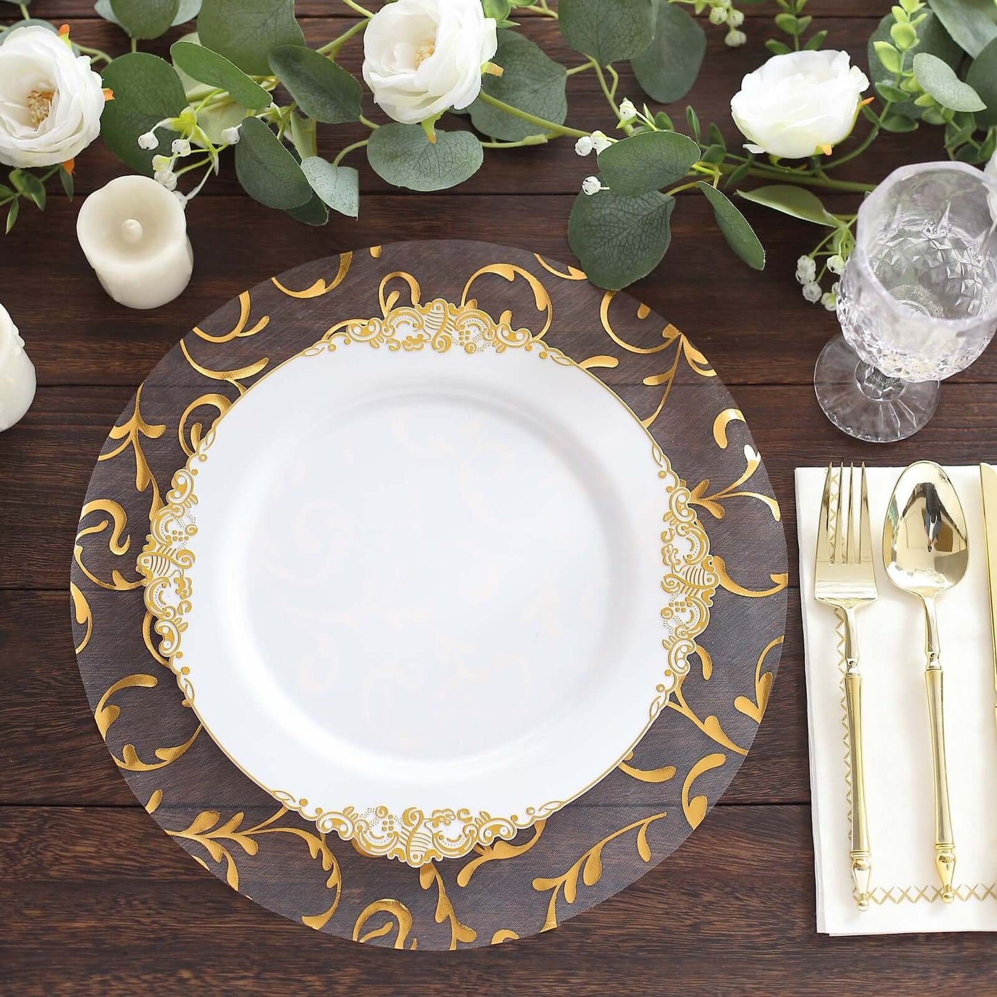 10-Pack Table Placemats Embossed Foil Flower Design Metallic Gold Round - Sheer Organza Disposable Mats 13"