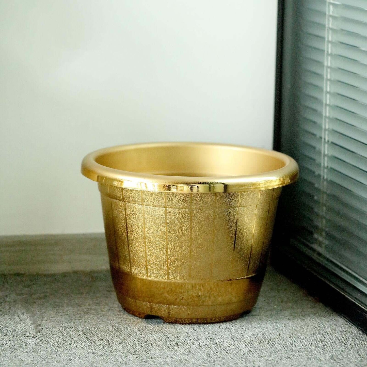 14" Gold Shiny Finished Rim Large Barrel Planter Pot, Indoor Outdoor Decorative Flower Pot