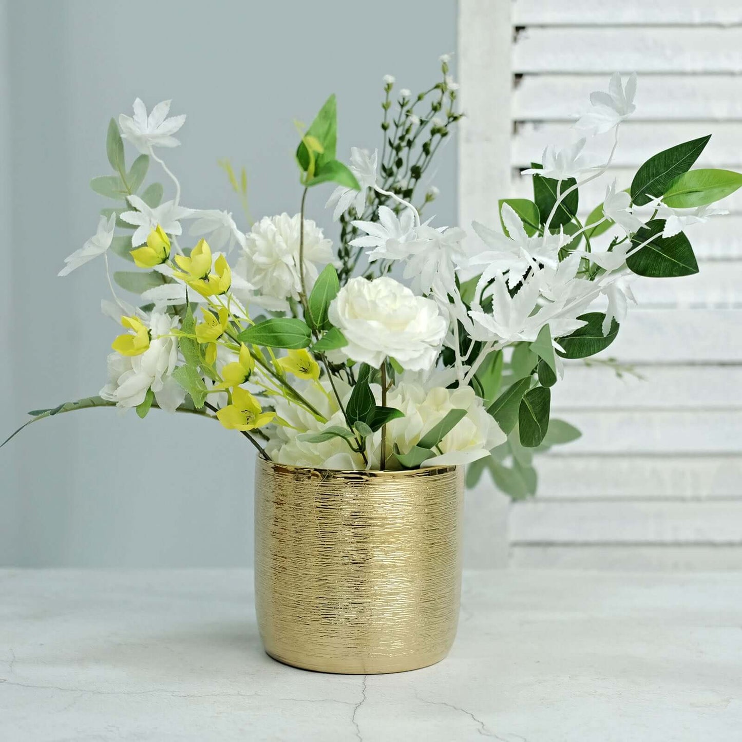 2-Pack Flower Plant Pots Textured Round Design Metallic Gold - Ceramic Cylindrical Indoor Planters 5"
