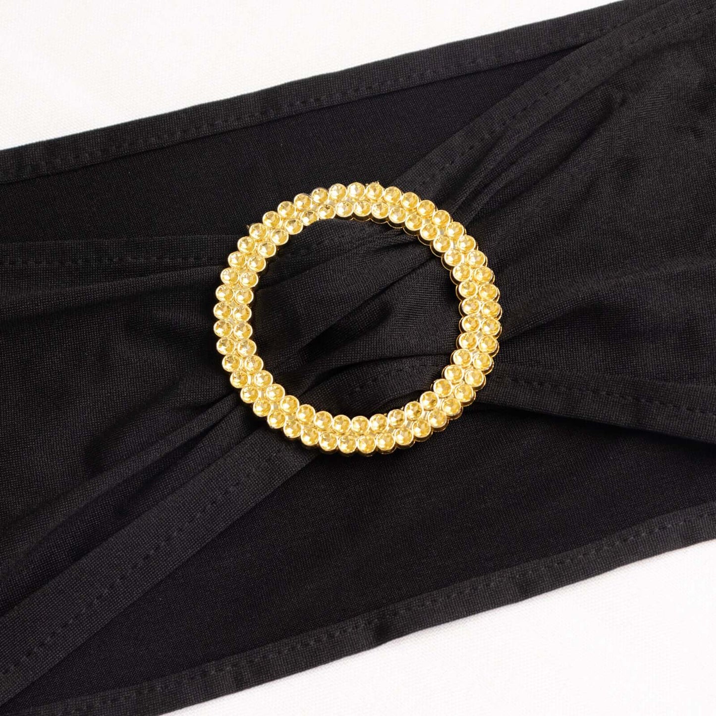 5 Pack Spandex Chair Sashes Black with Gold Rhinestone Buckles - Reusable Four-Way Stretch Sash Bands 5"x14"