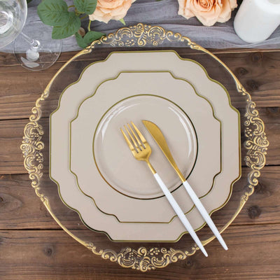 10-Pack Plastic Dessert Appetizer Plates in Taupe Baroque Design with Scalloped Gold Rim - Heavy Duty Disposable Salad Plates 8"